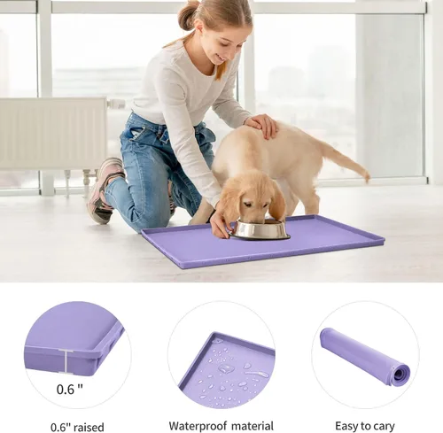 Miniatura 2 de Tapete de comida para perros, bandeja de comida impermeable de silicona, mantel individual antideslizante para mascotas, borde elevado de 0.6 Lila