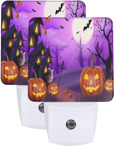 Miniatura 13 de Paquete de 2 luces LED de noche enchufables con diseño de calabazas de Acción de Gracias, sensor automático, hojas de otoño, juego de 2