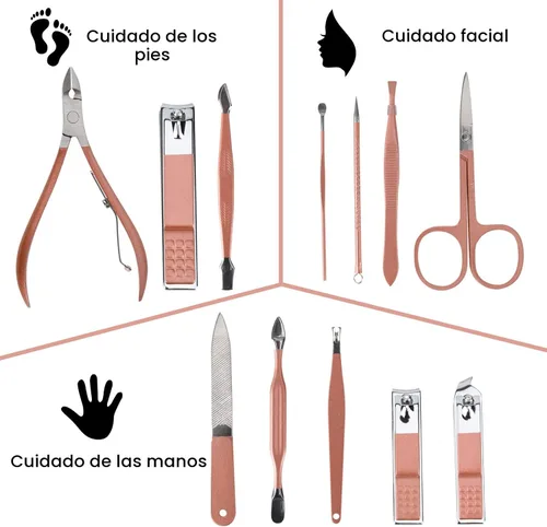 Miniatura 2 de Juego portátil de cortaúñas y herramientas de belleza, juego de manicura de oro rosa, 12 en 1. Bolsa de cuero rosa martensítica, adecuada