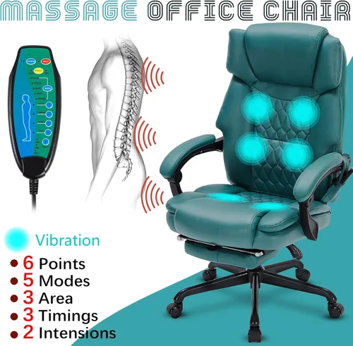 Miniatura 3 de Silla de oficina de masaje con reposapiés, 6 puntos de vibración y calor, sillas de escritorio de oficina en casa para personas pesadas de 400 Azul
