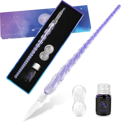Luxiv Juego de Plumas de Tinta de Vidrio, Pluma de Inmersión de Vidrio con Tinta Fluorescente y Soporte para Pluma, Plumas de Vidrio de Cristal