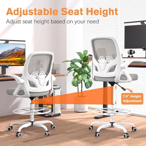 Miniatura 4 de ORRSAKER Silla de dibujo, silla de oficina alta con brazos abatibles, silla de escritorio ergonómica de malla para computadora con anillo de pie