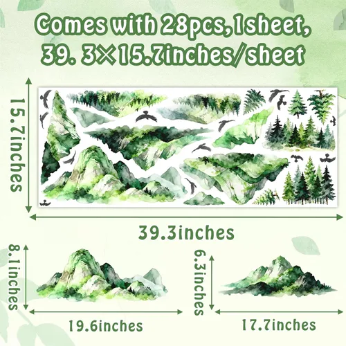 Miniatura 5 de Calcomanías de Pared de Montaña y Árbol Acuarela Calcomanías de Pared de Montaña Despegables y Adhesivas Aves Voladoras Árboles de Pino Verde