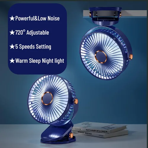 Miniatura 4 de Ventilador de escritorio con clip con luces, recargable por USB, 2400 mAh, 5 niveles de velocidad de flujo de aire, ventilador personal portátil