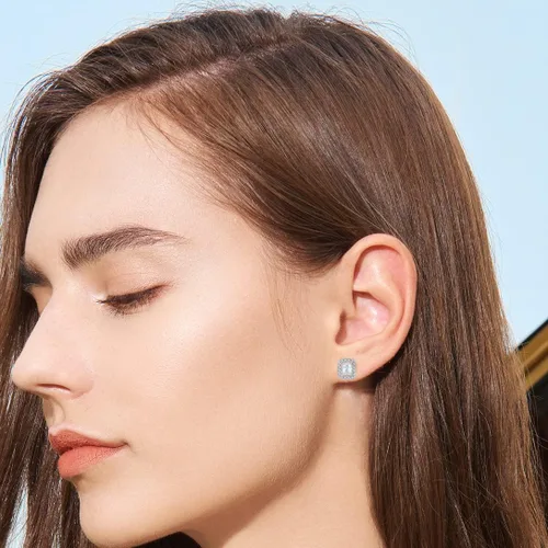 Miniatura 3 de Aretes de plata de ley 925 con halo de piedra natal con circonita cúbica 3A