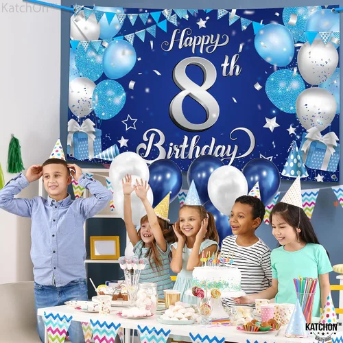 Miniatura 7 de KatchOn, Cartel extragrande de feliz cumpleaños número 8 plateado y azul, 72 x 44 pulgadas, telón de fondo de octavo para decoraciones de feliz