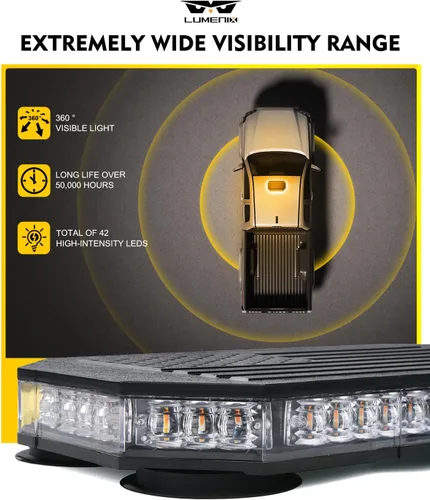 Miniatura 3 de LUMENIX - Barra de luces estroboscópicas LED de 42 luces ámbar para techo, montaje magnético, luz de advertencia de emergencia, tráfico intermitente