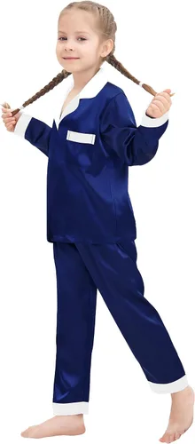 Miniatura 4 de SWOMOG Conjunto de pijama de satén para niños y niñas, ropa de dormir de manga larga con botones, conjunto de 2 piezas de ropa de descanso