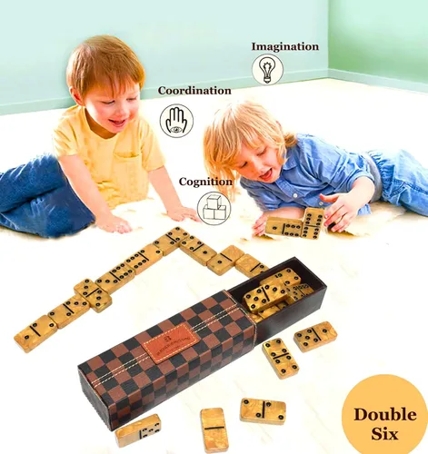 Miniatura 6 de Juego de dominó Vovotuzzi para adultos, dominó grueso, juego de dominó doble 6 para adultos y niños, 28 fichas de mármol dorado en estuche de cuero