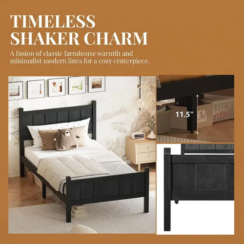 Miniatura 6 de Bellemave Cama de panel plano de tamaño individual con cabecero y estribo, cama de plataforma minimalista y moderna con acabado de grano de madera