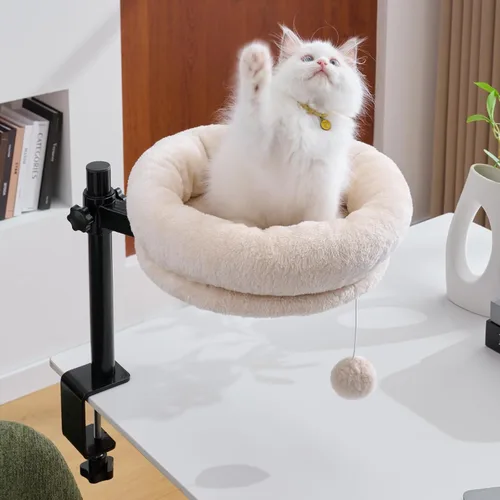 BYBYME Cama de escritorio para gatos de interior, cama de gatito para escritorio soporta 44 libras, rotación de 360° y ajustable, escritorio nido de