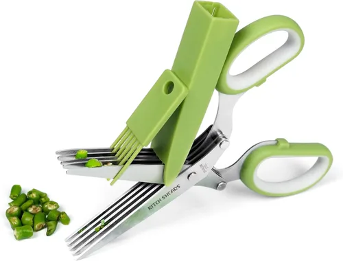 KitchShears - Tijeras de hierbas con 5 cuchillas y cubierta, cortador de hierbas de acero inoxidable de alta calidad para hierbas de cocina y Verde-