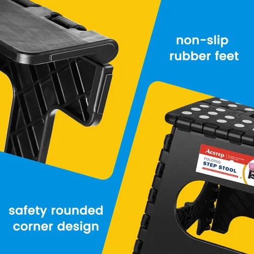 Miniatura 6 de ACSTEP Taburete plegable para adultos de 11 pulgadas de altura, taburete de plástico ligero plegable con capacidad de hasta 300 lbs, taburete Negro