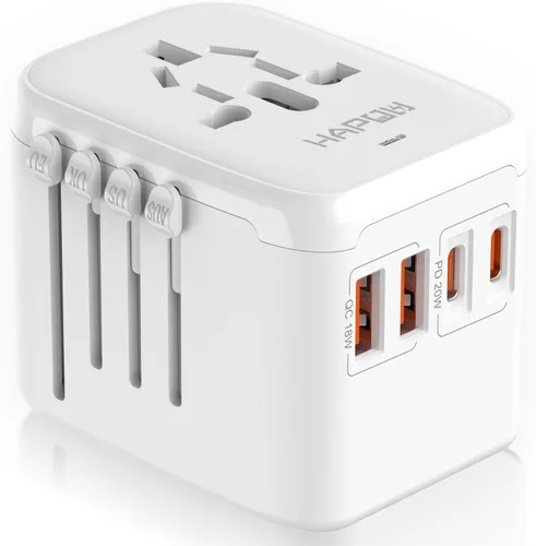 HAPOW Adaptador de Viaje Universal, Adaptador de Corriente Internacional PD20W, 2 USB-C y 2 USB-A Cargador de Viaje de Carga Rápida, Adaptador de
