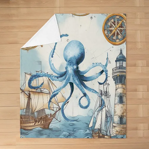 Miniatura 4 de Manta de franela de pulpo de 40 x 50 pulgadas, cálida y ligera, diseño de dibujos animados 3D, manta sherpa de franela moderna de aventura oceánica