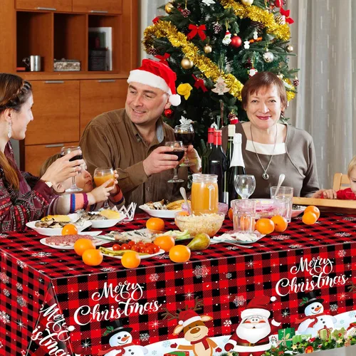 Miniatura 7 de Tiamon Paquete de 3 manteles de plástico para mesa de Navidad de 54 x 108 pulgadas para mesa rectangular, mantel desechable con diseño de muñeco