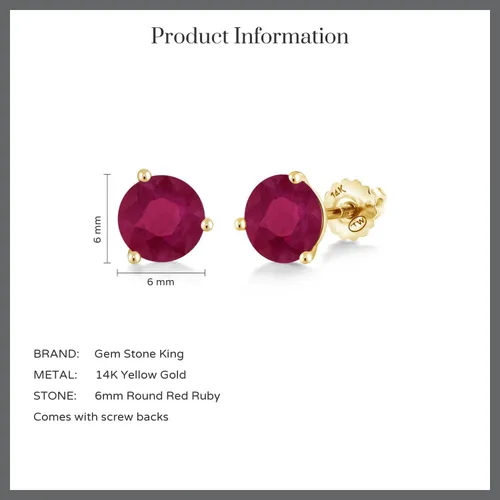 Miniatura 6 de Gem Stone King Aretes de tuerca con rosca de Martini de 3 puntas redondas de 0.236in, color rubí rojo, oro amarillo de 14 quilates, 2.00 quilates