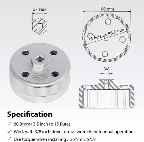 Miniatura 2 de FIRSTINFO F3545D llave de filtro de aceite de 3/8" de 88.8 mm con 15 ranuras, compatible con Hyundai y Kia