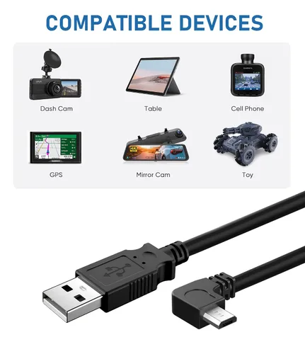Miniatura 6 de Cable de alimentación para cámara de salpicadero, (micro de 10 pies) de cobre puro más grueso de 90 grados, cable de cargador de cámara de espejo