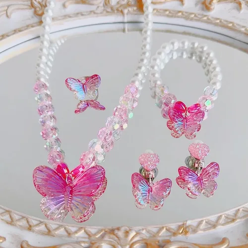Miniatura 7 de 2 juegos de joyería de princesa para niñas pequeñas, juego de joyería de mariposa para niños, collares elásticos, pulseras, anillos y pendientes