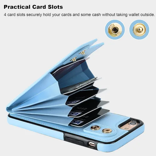 Miniatura 4 de Folosu Funda tipo cartera para iPhone SE (2022) iPhone SE (2020) iPhone 7/8 con soporte para tarjetas, soporte de anillo de rotación de 360°, Azul
