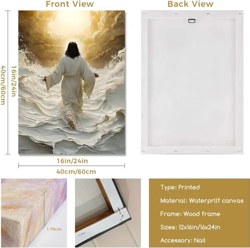 Miniatura 5 de Lienzo enmarcado dorado y blanco de Jesús caminando sobre el agua, arte de pared, póster religioso cristiano, cuadro de pintura de Cristo