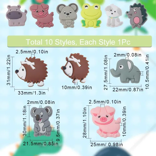 Miniatura 2 de SUNNYCLUE 1 caja de 10 estilos de cuentas de silicona de animales, lindas cuentas focales de silicona de doble cara, dijes de perro de rana, cerdo
