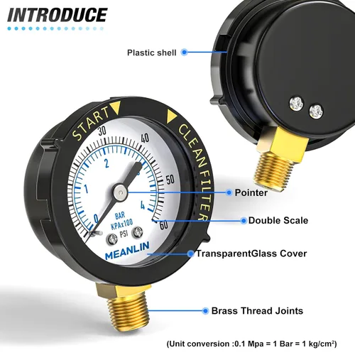 Miniatura 5 de MEANLIN MEASURE - Manómetro de marco de plástico, 1/4" NPT, filtro de inicio y limpieza, presión, adecuado para piscina, spa, acuario, montaje