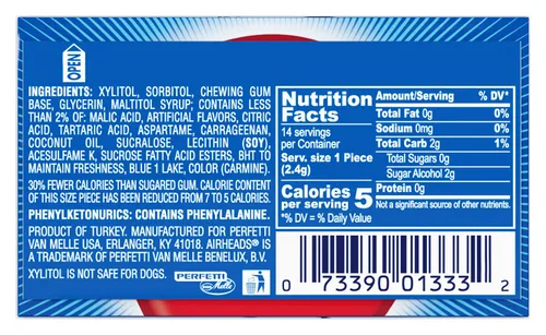 Miniatura 2 de Airheads Dulces, Chicle, Sabor Frambuesa Azul, Sin Azúcar, Xilitol, 14 Palitos por Paquete, Caja de 12 Paquetes