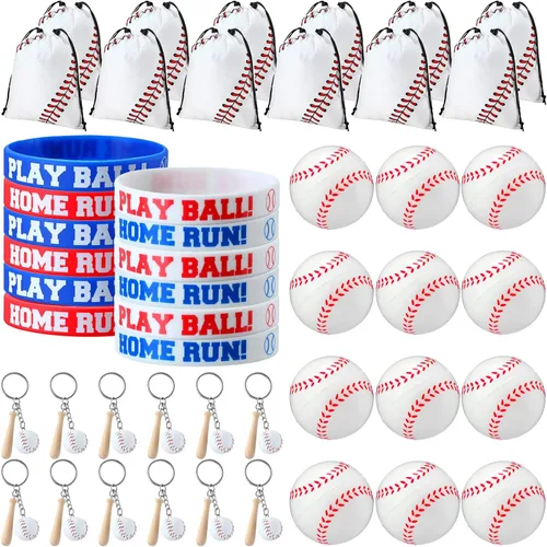 Nuogo 48 piezas de regalos de fiesta de béisbol incluyen 12 bolsas de regalo de béisbol, 12 pulseras, 12 bolas de estrés, 12 mini llaveros para