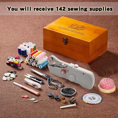 Miniatura 7 de Máquina de coser de mano con exquisita caja de almacenamiento de madera y kit de costura de 142 piezas, interruptor eléctrico, fuente