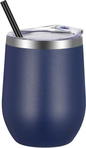 Miniatura 18 de VEGOND - Vaso de vino de acero inoxidable de 12 onzas con tapa y popote, vaso de vidrio de vino aislado de doble pared sin tallo, taza de café