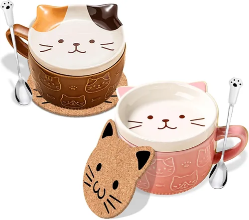 Miniatura 14 de BigNoseDeer 2 tazas lindas de cerámica Kawaii con gato, taza de café con tapa, tazas de té y platillos para postre, regalos lindos para amantes
