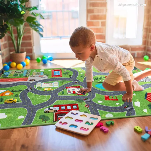 Miniatura 4 de BEQHAUSE Alfombra de juego para niños, alfombra de tráfico de ciudad verde, ideal para jugar con autos, alfombra de área de juegos de 32 x 60