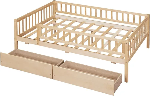 Miniatura 5 de Bellemave Estructura de cama tamaño completo con barandillas de protección y cajones de almacenamiento, camas infantiles de madera estilo Montessori