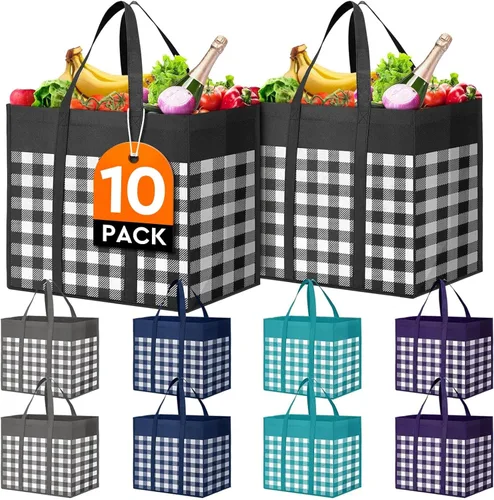 Miniatura 13 de WISELIFE Bolsas de compras reutilizables para comestibles, paquete de 10 bolsas de mano plegables grandes a granel bolsas de productos ecológicos