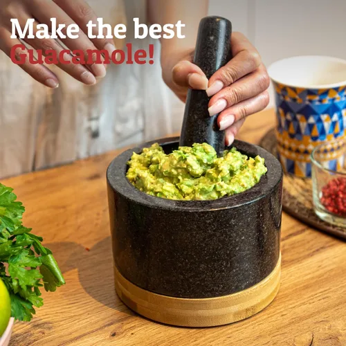 Miniatura 6 de PriorityChef Juego de Mortero y Mano de Mortero Resistente con Base de Bambú, Molinillo de Piedra de Granito 100% Natural, Tazón y Machacador