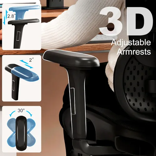 Miniatura 6 de Vonesse Silla de oficina ergonómica con reposapiés, sillas de escritorio con reposacabezas y reposabrazos ajustables 3D, silla de juegos de Negro