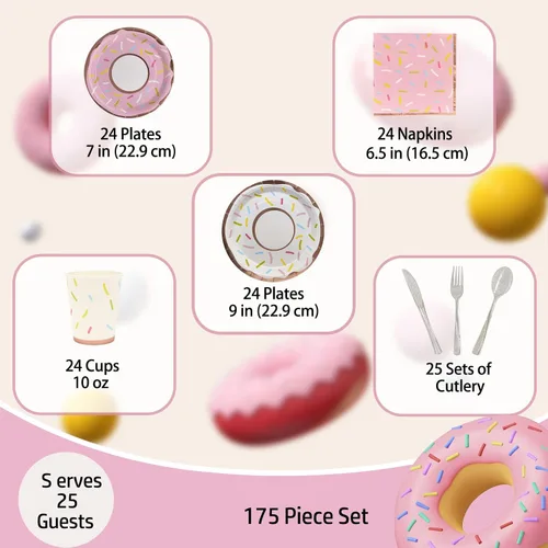Miniatura 2 de ZULYSTO Juego de vajilla de 175 piezas de platos de papel rosados para 25 invitados, decoraciones desechables, platos de papel de dona, tazas