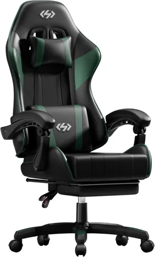 Miniatura 11 de HLDIRECT Silla de juegos, silla ergonómica de oficina para computadora con soporte lumbar, reposapiés, reposacabezas, piel sintética, giro de 360°