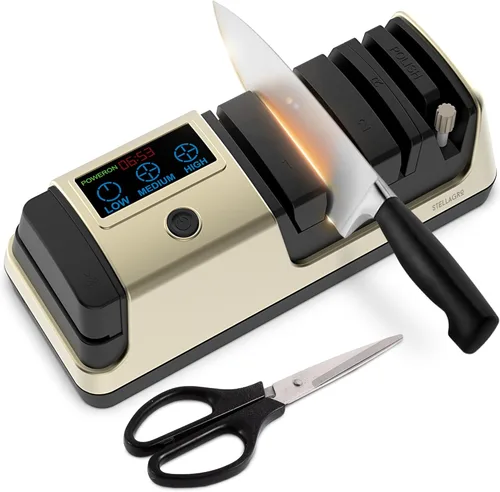 Afilador de cuchillos eléctrico para cuchillos y tijeras de cocina, sistema de afilado 5 en 1 con rueda de diamante, barra de pulido de cerámica,
