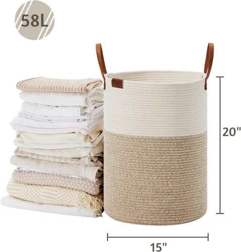 Miniatura 5 de VIPOSCO Cesta Alta para Ropa Sucia, Cesto Grande para Ropa Sucia con Mango de Cuero, Cesta de Almacenamiento de Cuerda Tejida para Manta, Juguete