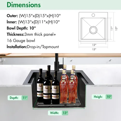 Miniatura 3 de Fregadero de cocina, 15 x 15 x 10 pulgadas Fregaderos de cocina Fregadero pequeño de preparación de bar Calibre 16 Negro metálico Fregadero
