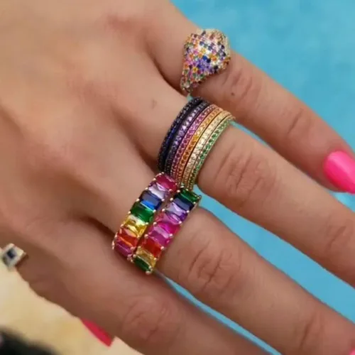 Miniatura 3 de Caiyao Anillo de boda con circonitas cúbicas cuadradas y pavimentadas de esmeralda verde chapado en oro joyería de baguette rectangular de corte
