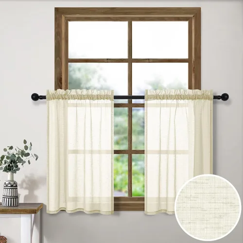 Cortinas cortas color crema de 24 pulgadas de largo para ventanas pequeñas, 2 piezas con bolsillo para barra, semitransparentes con textura de lino