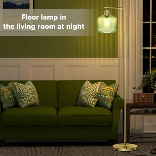 Miniatura 6 de Lámpara de pie de cristal para sala de estar, moderna lámpara de pie con pantalla de vidrio acanalado verde e interruptor de pedal, lámpara de pie