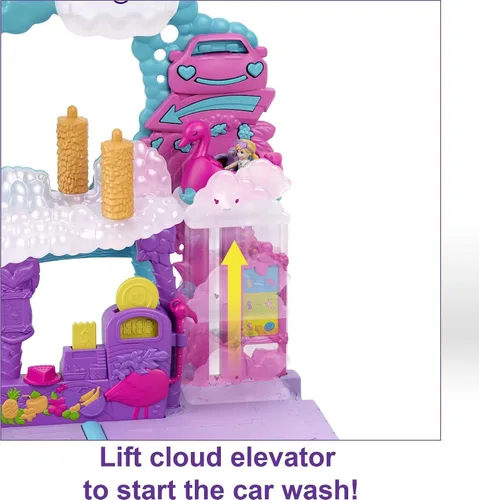 Miniatura 5 de Conjunto de juego Polly Pocket, Pollyville Flamingo Fun Car Wash con 2 muñecas micro, coche de juguete, juego de agua y accesorios que cambian