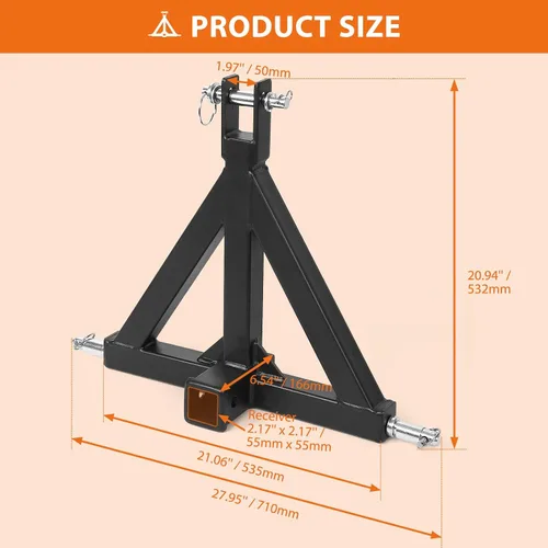 Miniatura 5 de GAOMON Enganche receptor de 3 puntos de 2 pulgadas, receptor HD de 2 pulgadas, adaptador de enganche de 3 puntos para tractores Cat1, LM25H, Kubota