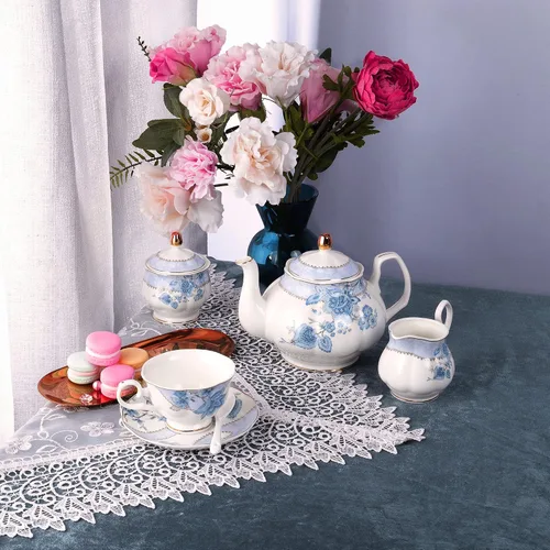 Miniatura 7 de fanquare Juego de té de porcelana con flores azules, juego de taza de té y platillo para 6, juego de té de boda con jarra de crema, juego de café