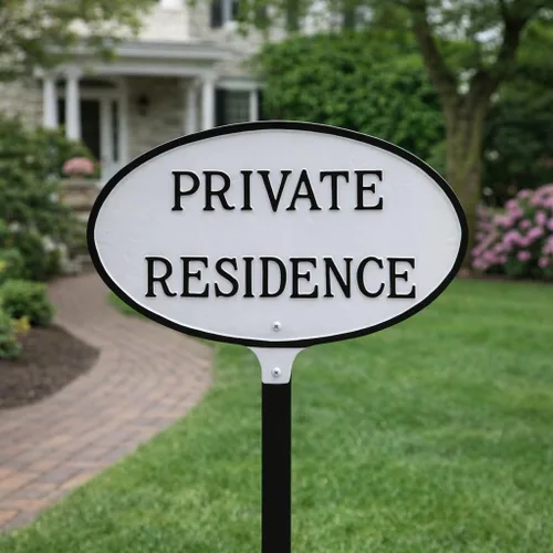 Miniatura 2 de Montague Metal Products Letrero de residencia privada – Placa de metal ovalada blanca y negra con estaca para césped, 8.5 x 13 pulgadas, letrero